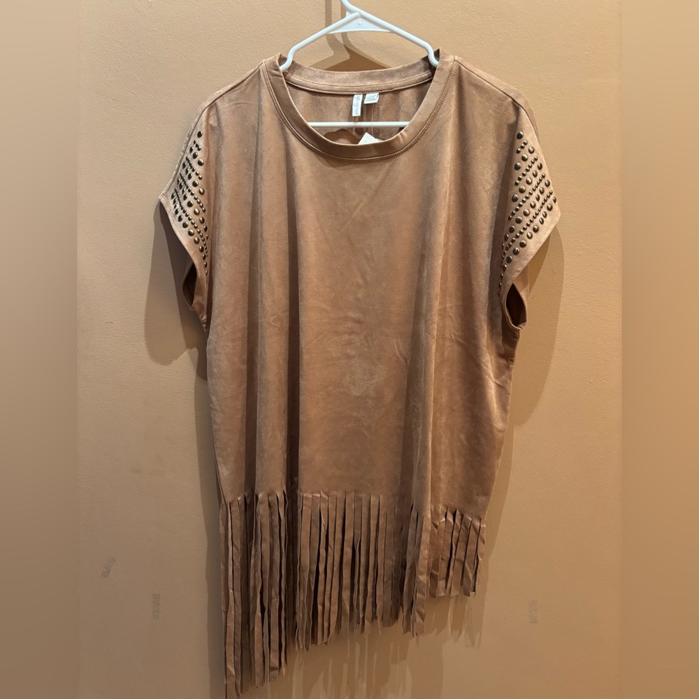 Cato Festival Bohemian Faux Suede Fringe Short Studded Sleeve Top NWT Size 18/20